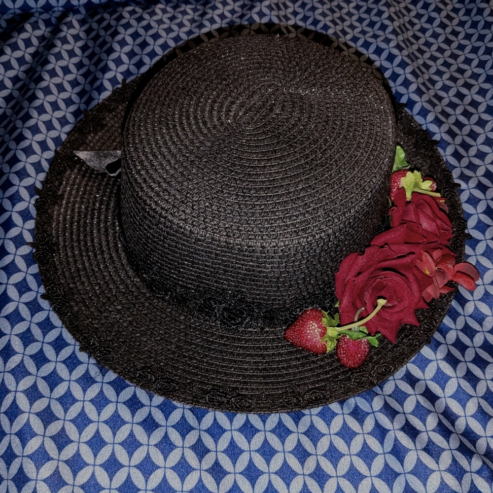 Black Straw Hat with Strawberries And Roses